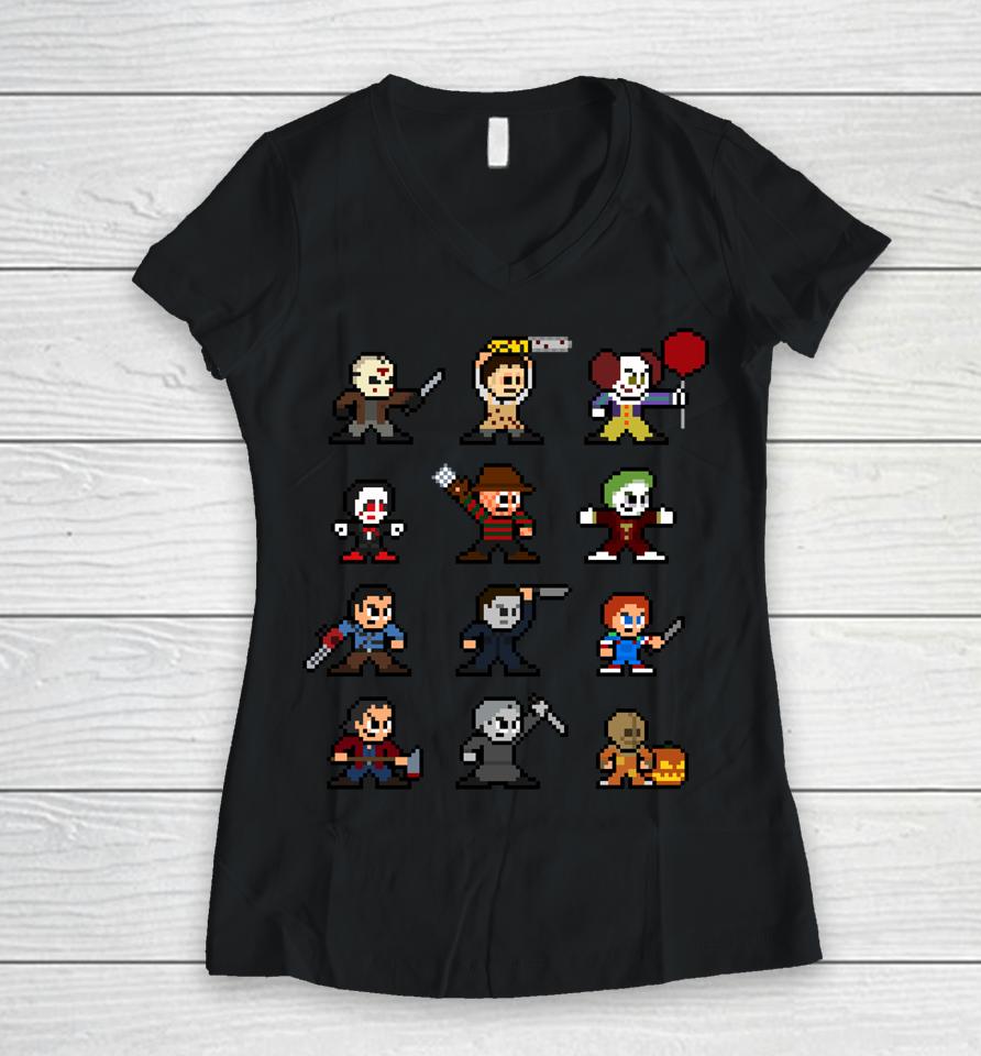 Pixel Halloween Scary Horror Christmas Gamer And Movies Women V-Neck T-Shirt