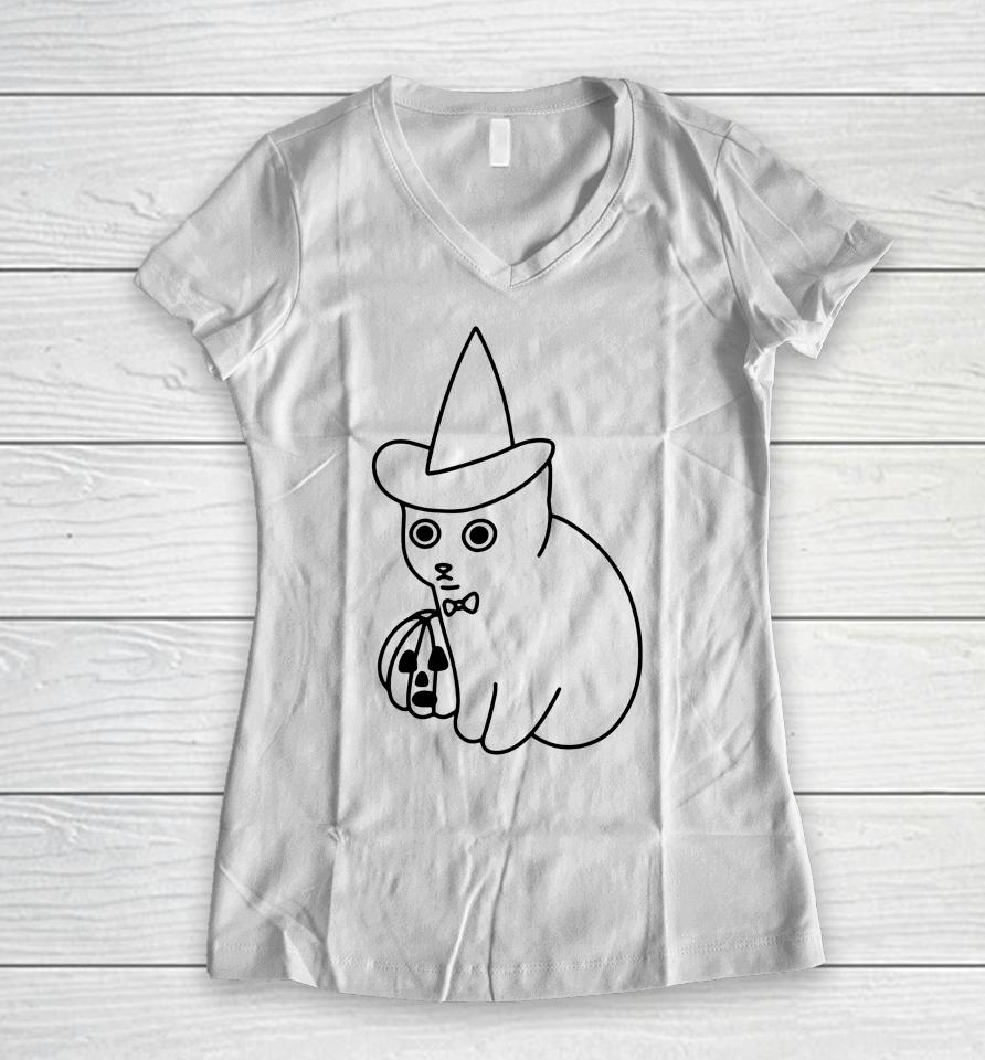 Poorly Cat Draw It's Time Cat Halloween Women V-Neck T-Shirt