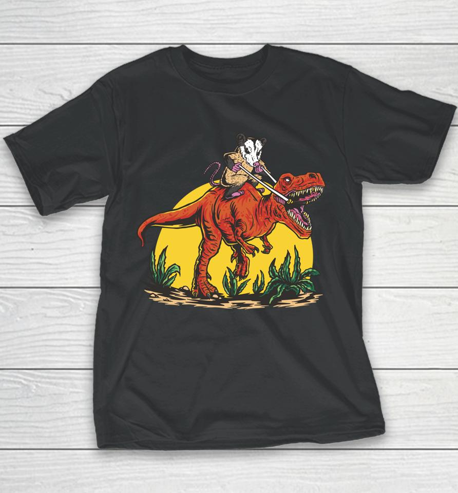 Possum Riding T-Rex Dinosaur Weird Funny Animal Graphic Youth T-Shirt
