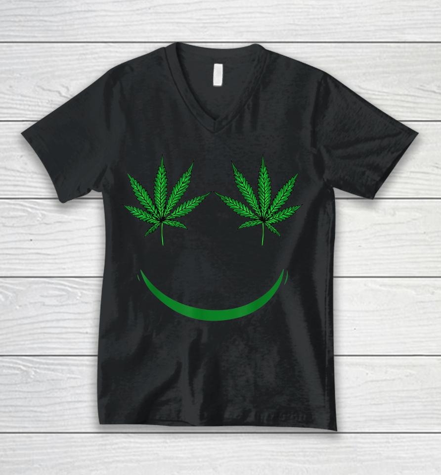 Pot Leaf Smiley Face Weed 420 Unisex V-Neck T-Shirt