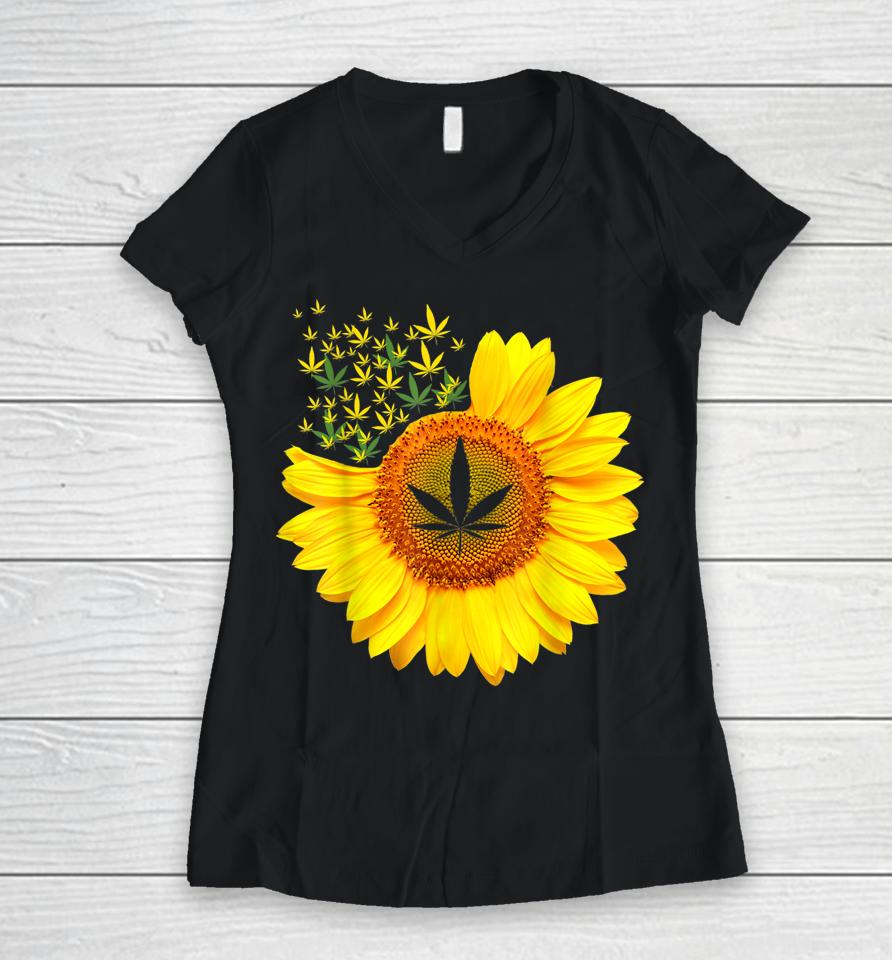 Pot Smoker Sunflower Weed Cannabis 420 Day Women V-Neck T-Shirt