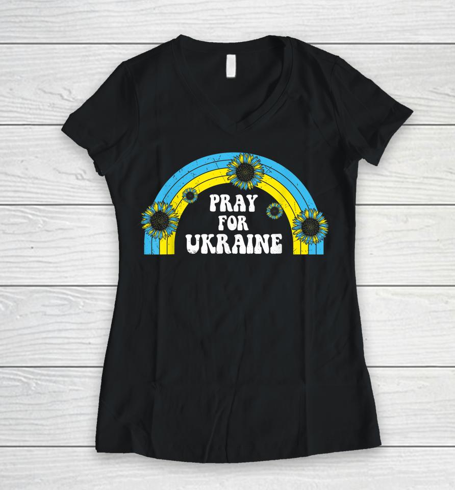 Pray For Ukraine Sunflower Blue Yellow Rainbow Retro Women V-Neck T-Shirt