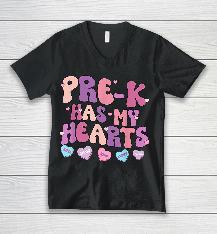 Pre-K Has My Heart Funny Valentines Day Teacher Student Unisex V-Neck T-Shirt