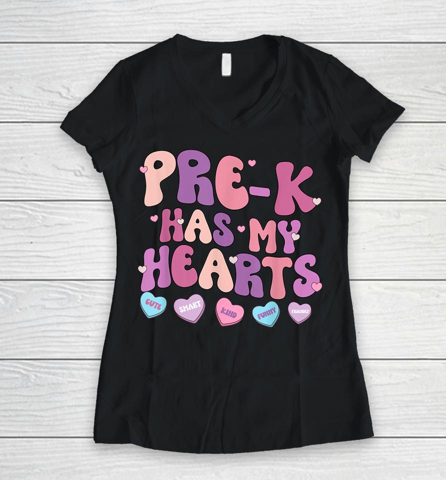 Pre-K Has My Heart Funny Valentines Day Teacher Student Women V-Neck T-Shirt