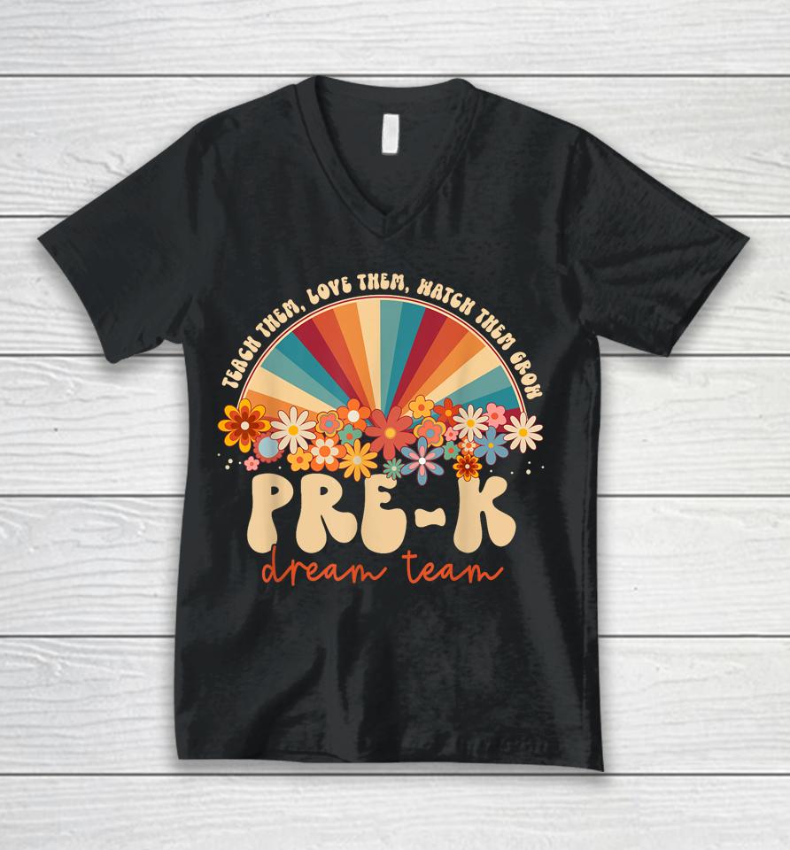 Prek Dream Team Retro Groovy Rainbow Back To School Teacher Unisex V-Neck T-Shirt