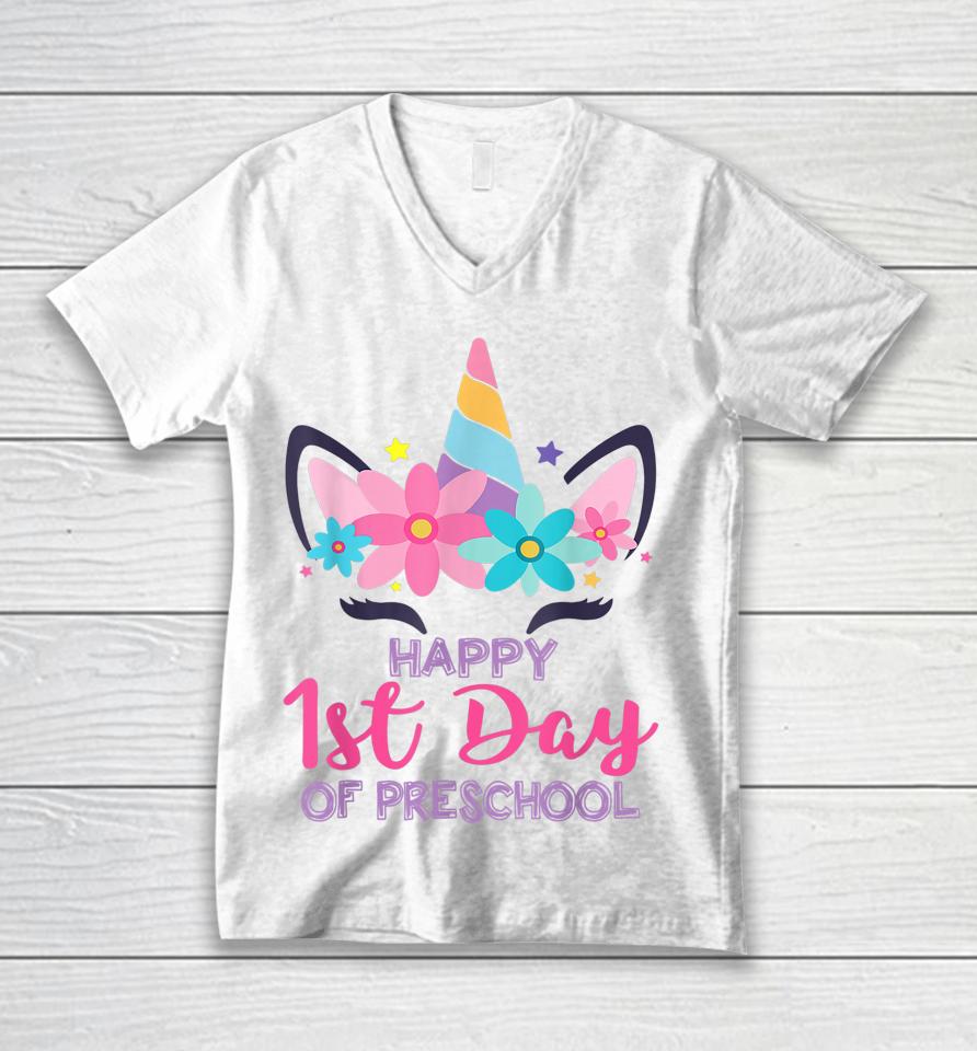 Preschool Unicorn First Day Of School Shirt Back To Outfit Unisex V-Neck T-Shirt