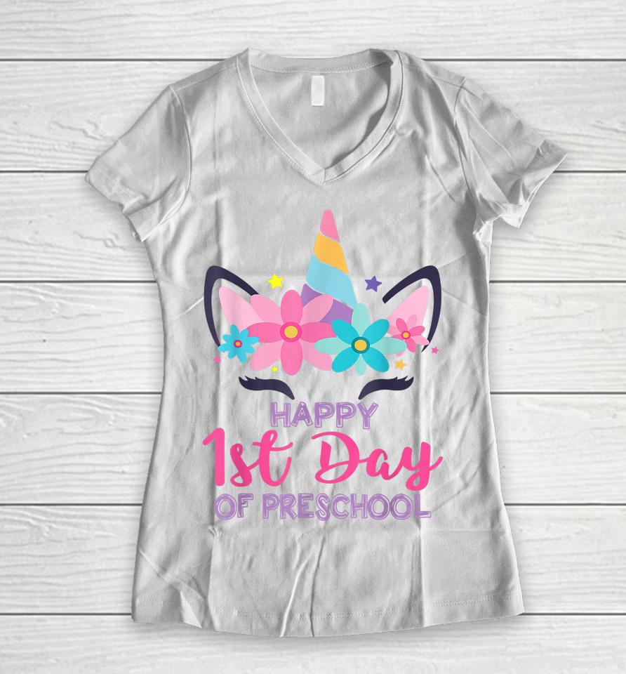 Preschool Unicorn First Day Of School Shirt Back To Outfit Women V-Neck T-Shirt