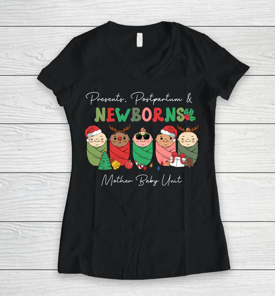 Presents Postpartum &Amp; Newborns Mother Baby Nurse Christmas Women V-Neck T-Shirt
