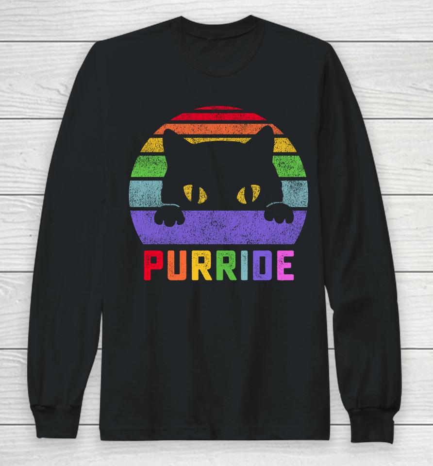 Pride Cat Purride Gay Lgbtq Rainbow Flag Retro Long Sleeve T-Shirt