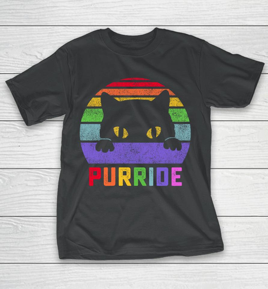 Pride Cat Purride Gay Lgbtq Rainbow Flag Retro T-Shirt