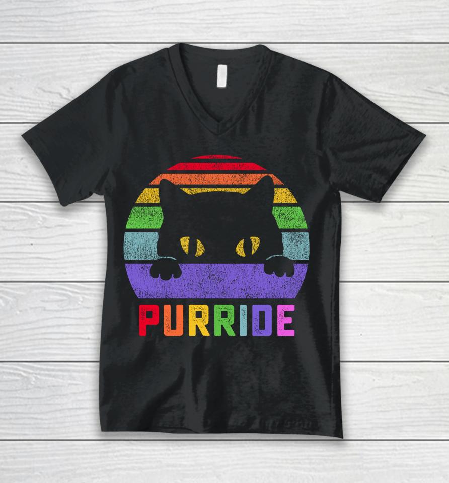 Pride Cat Purride Gay Lgbtq Rainbow Flag Retro Unisex V-Neck T-Shirt