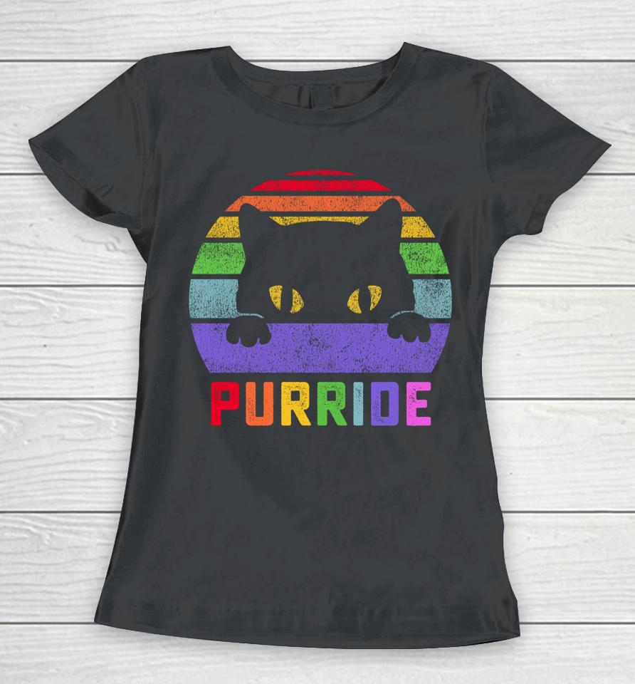 Pride Cat Purride Gay Lgbtq Rainbow Flag Retro Women T-Shirt