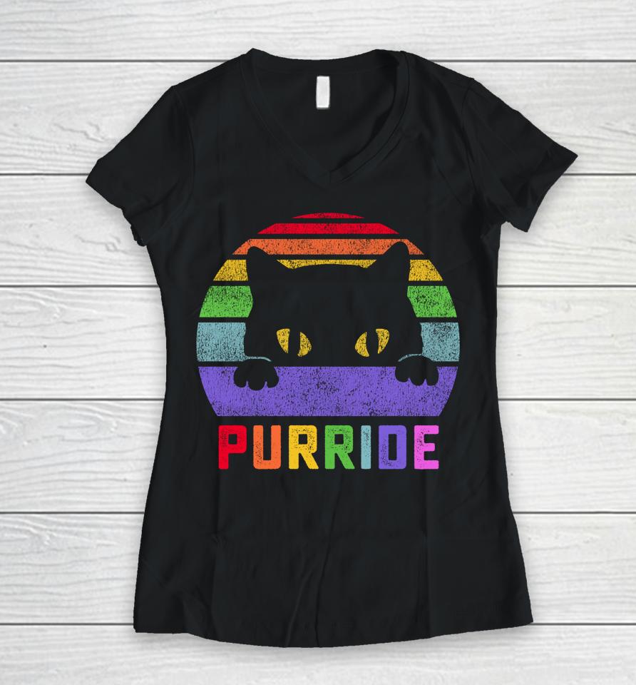 Pride Cat Purride Gay Lgbtq Rainbow Flag Retro Women V-Neck T-Shirt