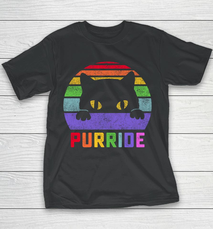 Pride Cat Purride Gay Lgbtq Rainbow Flag Retro Youth T-Shirt