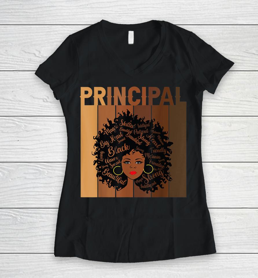 Principal Afro African American Women Black History Month Women V-Neck T-Shirt