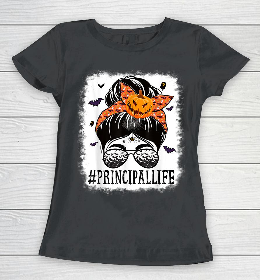 Principal Messy Bun Spooky Pumpkin Orange Halloween Costume Women T-Shirt