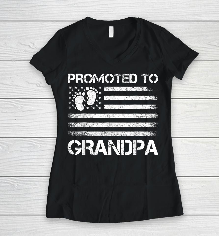 Promoted To Grandpa American Flag New Grandpa Father's Day Women V-Neck T-Shirt