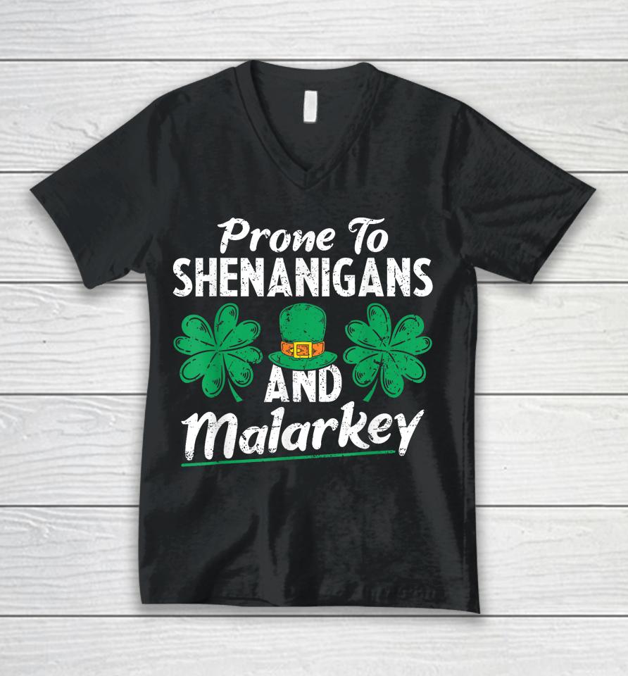 Prone To Shenanigans And Malarkey Clovers Shamrock Vintage Unisex V-Neck T-Shirt
