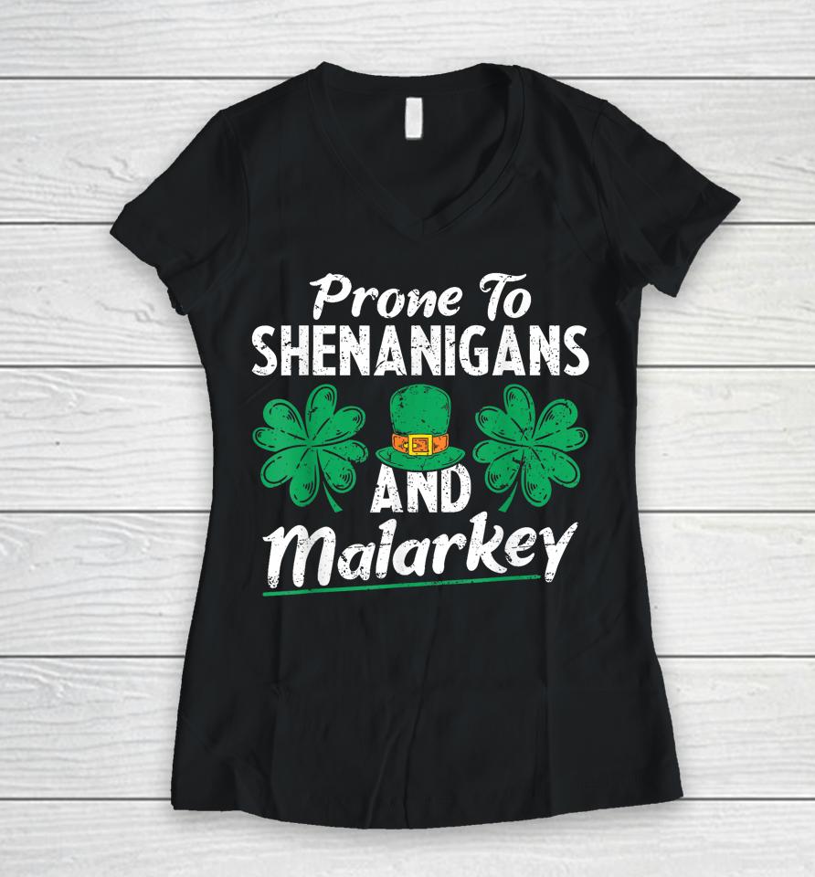 Prone To Shenanigans And Malarkey Clovers Shamrock Vintage Women V-Neck T-Shirt