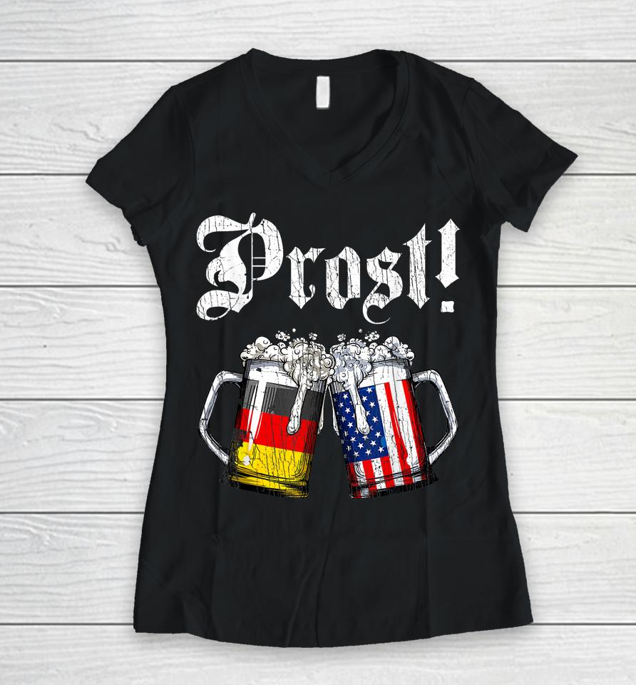 Prost Beer German American Flag Oktoberfest Women V-Neck T-Shirt