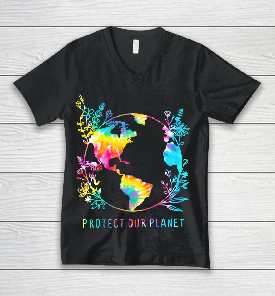 Protect Our Planet Tie Dye Floral Earth Day Unisex V-Neck T-Shirt