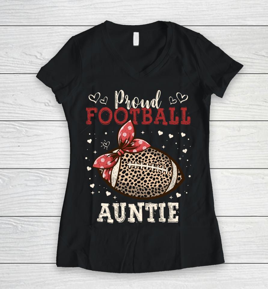 Proud Football Auntie Shirt Women Leopard Game Day Players Women V-Neck T-Shirt