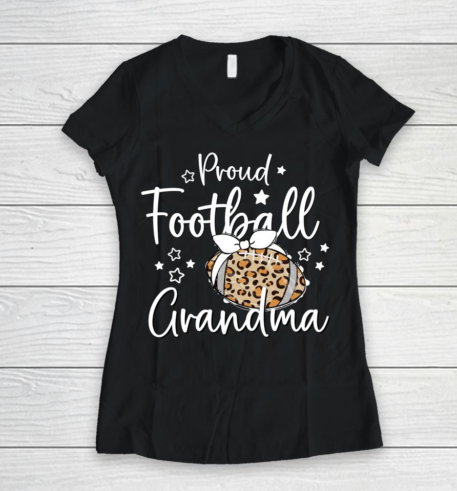 Proud Football Grandma Leopard Game Day Spirit Women V-Neck T-Shirt