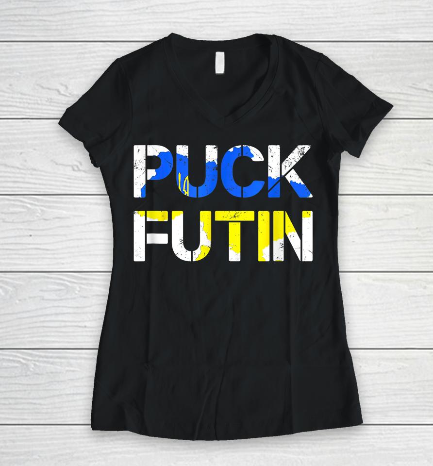 Puck Futin Funny Fuck Putin Women V-Neck T-Shirt