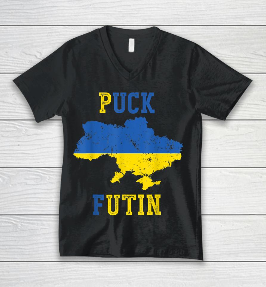 Puck Futin Funny I Stand With Ukraine Ukrainian Love Support Unisex V-Neck T-Shirt