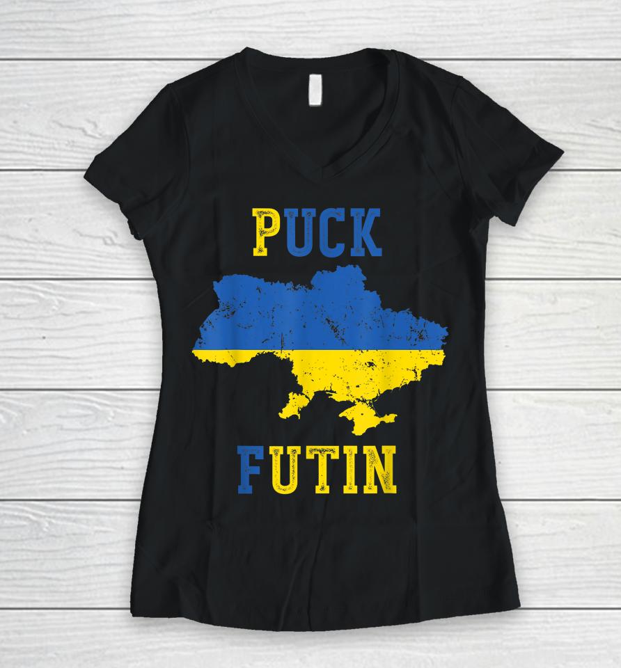 Puck Futin Funny I Stand With Ukraine Ukrainian Love Support Women V-Neck T-Shirt