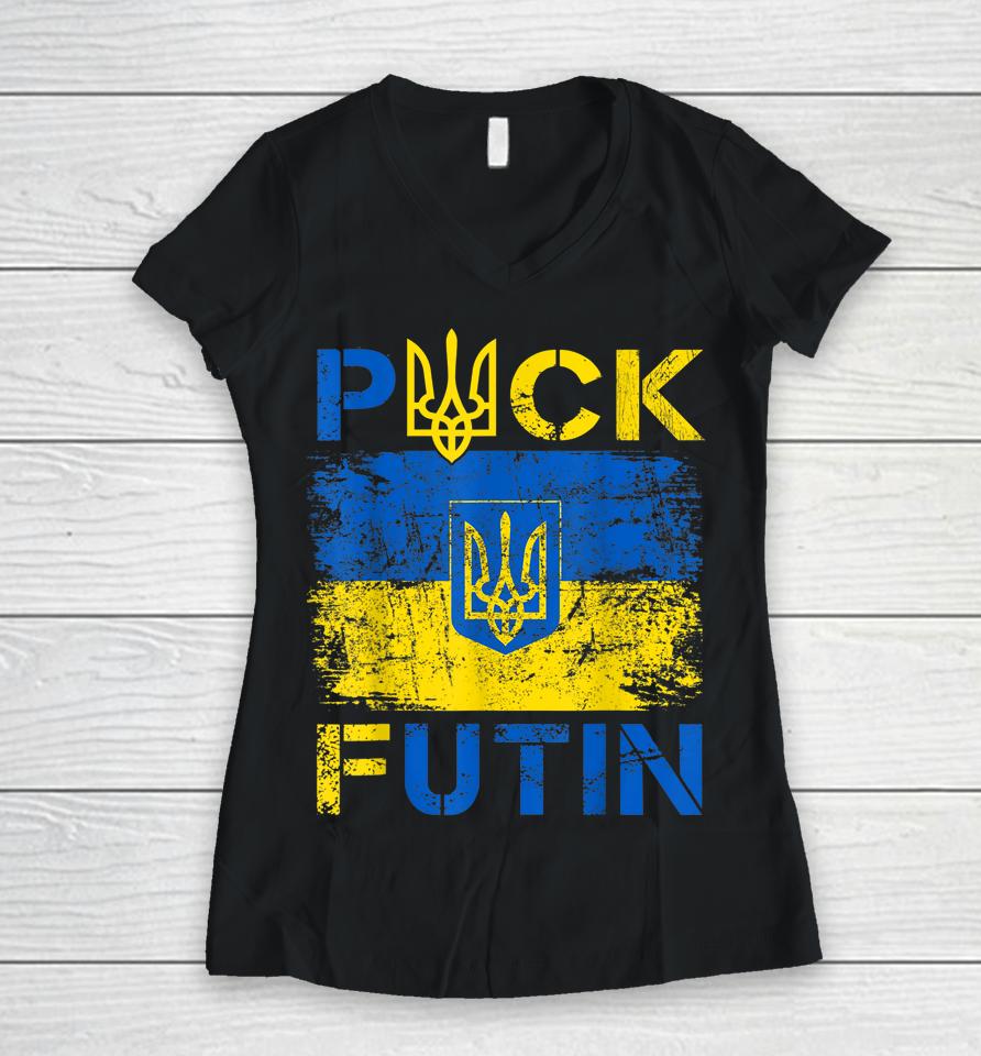 Puck Futin Meme I Stand With Ukraine Ukrainian Lover Support Women V-Neck T-Shirt