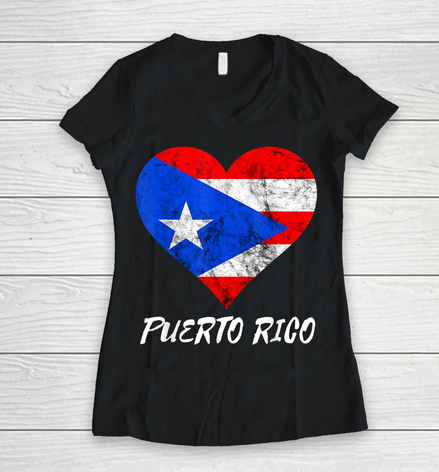 Puerto Rico Heart Puertorro Puerto Rican Flag Boricua Roots Women V-Neck T-Shirt