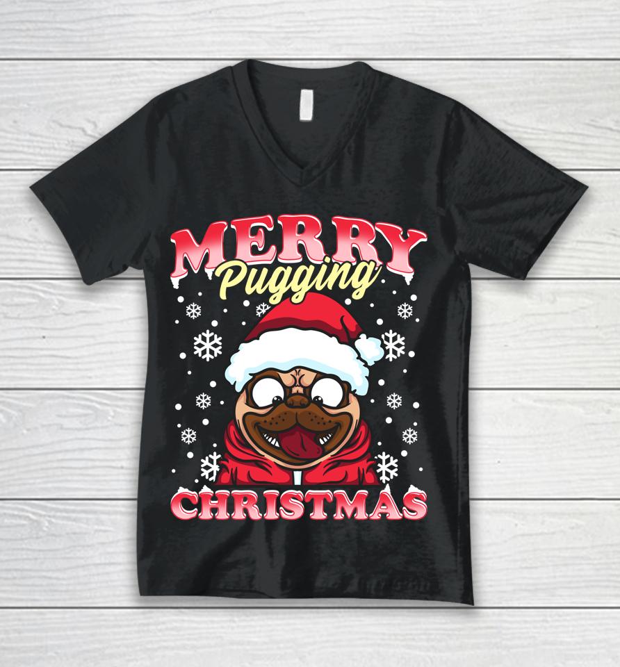 Pug Funny Snowflakes Christmas Dog Wearing A Santa Hat Unisex V-Neck T-Shirt