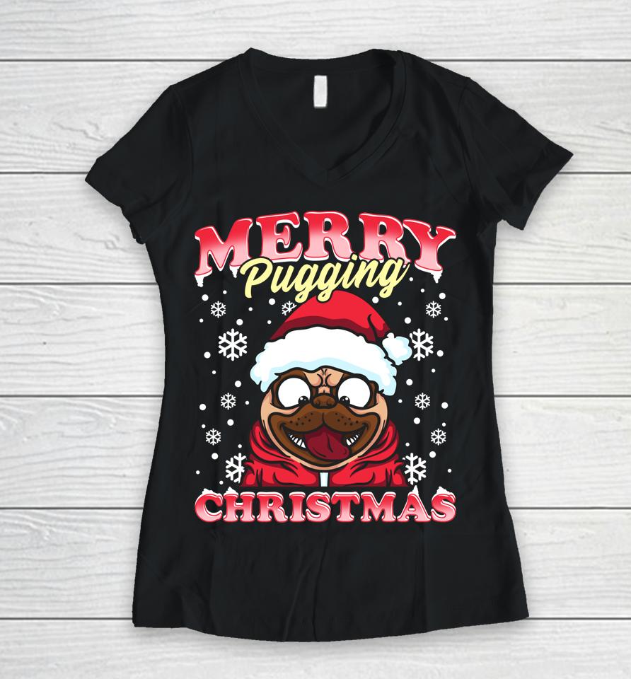 Pug Funny Snowflakes Christmas Dog Wearing A Santa Hat Women V-Neck T-Shirt