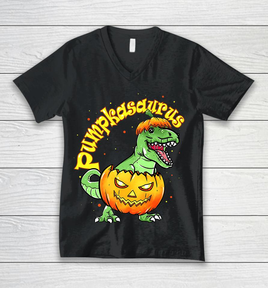 Pumpkasaurus Dinosaur Pumpkin Halloween Unisex V-Neck T-Shirt