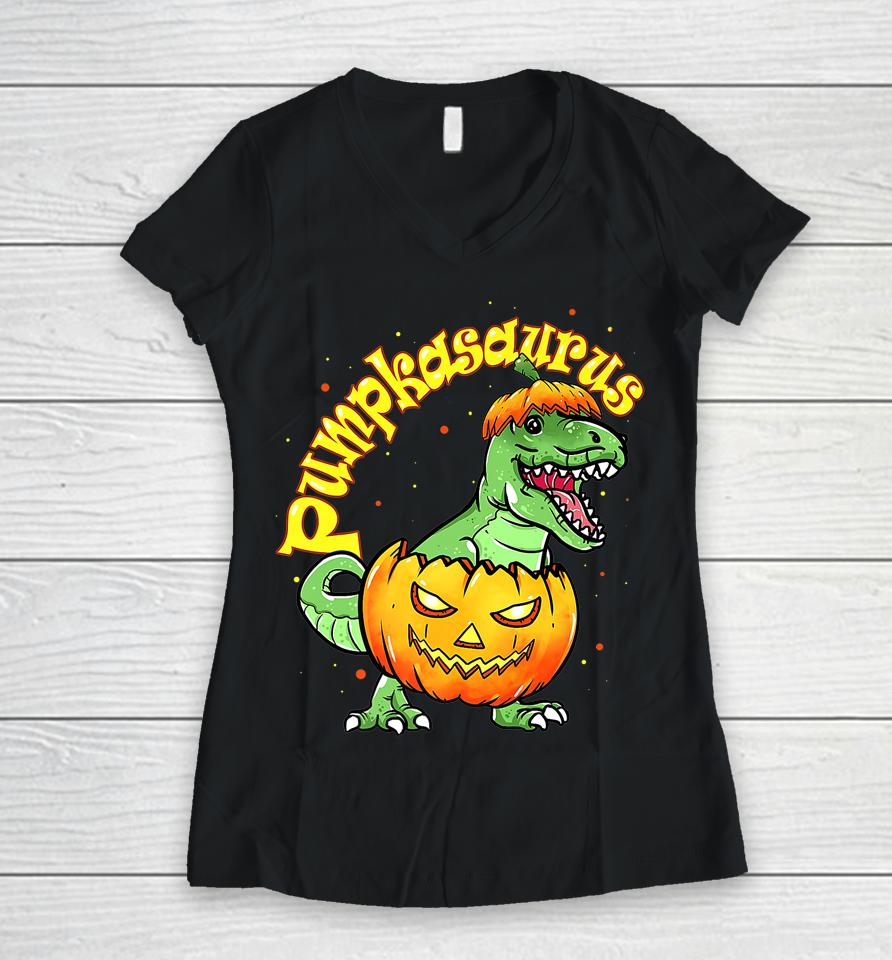 Pumpkasaurus Dinosaur Pumpkin Halloween Women V-Neck T-Shirt