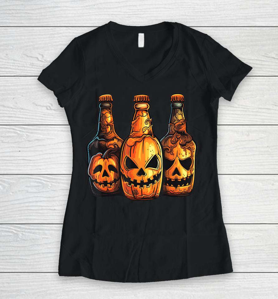 Pumpkin Beer Halloween Spooky Pumpkins Halloween Bar Crawl Women V-Neck T-Shirt