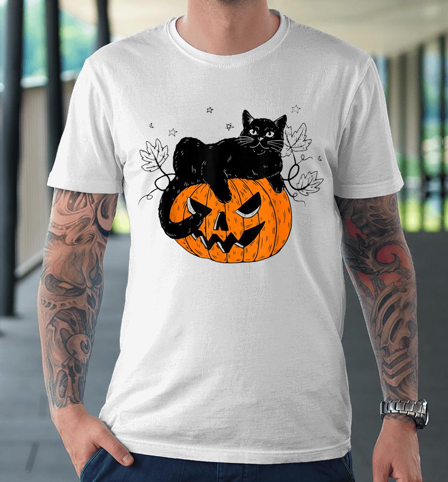 Pumpkin Black Cat Halloween Costume Scary Witch Fall Season Premium T-Shirt