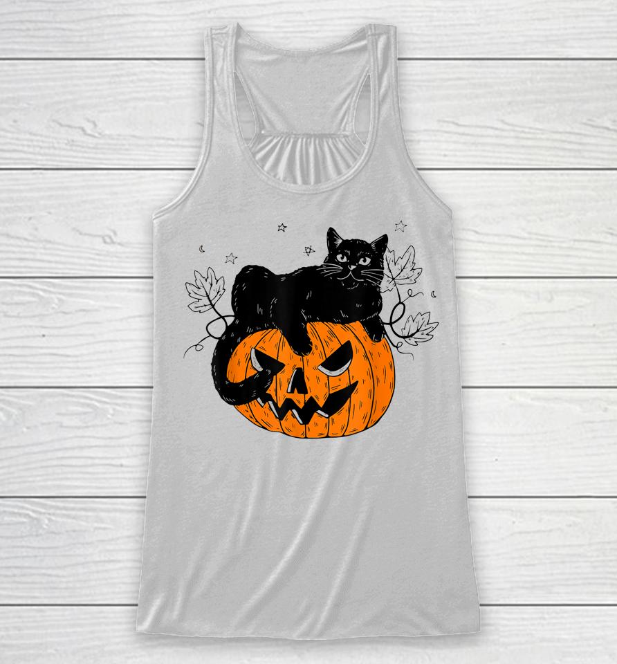 Pumpkin Black Cat Halloween Costume Scary Witch Fall Season Racerback Tank
