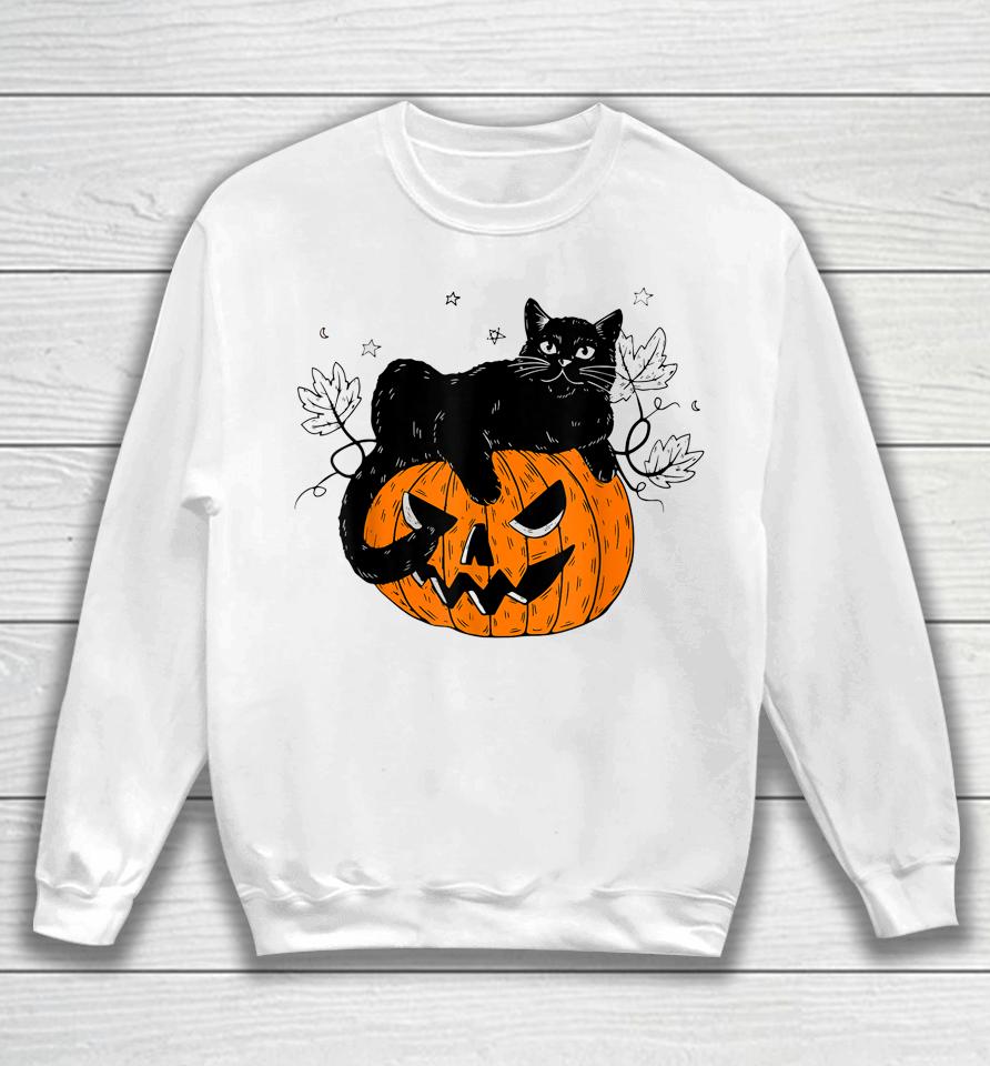 Pumpkin Black Cat Halloween Costume Scary Witch Fall Season Sweatshirt