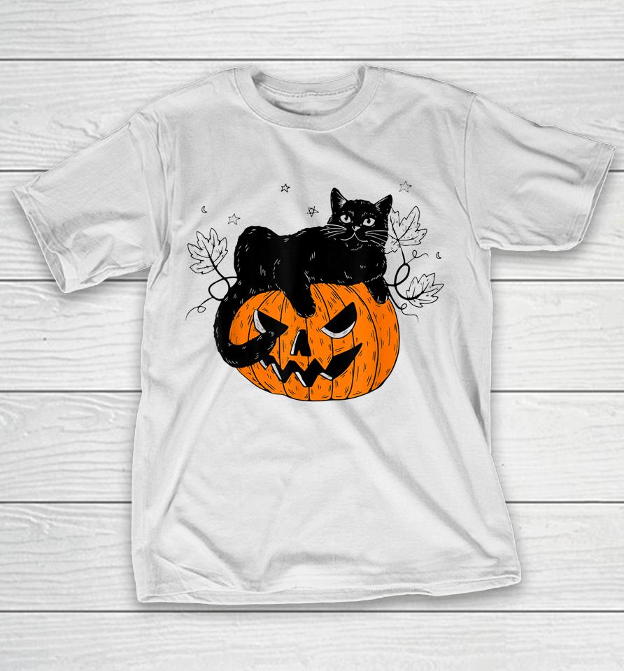 Pumpkin Black Cat Halloween Costume Scary Witch Fall Season T-Shirt