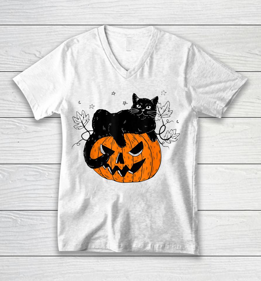 Pumpkin Black Cat Halloween Costume Scary Witch Fall Season Unisex V-Neck T-Shirt