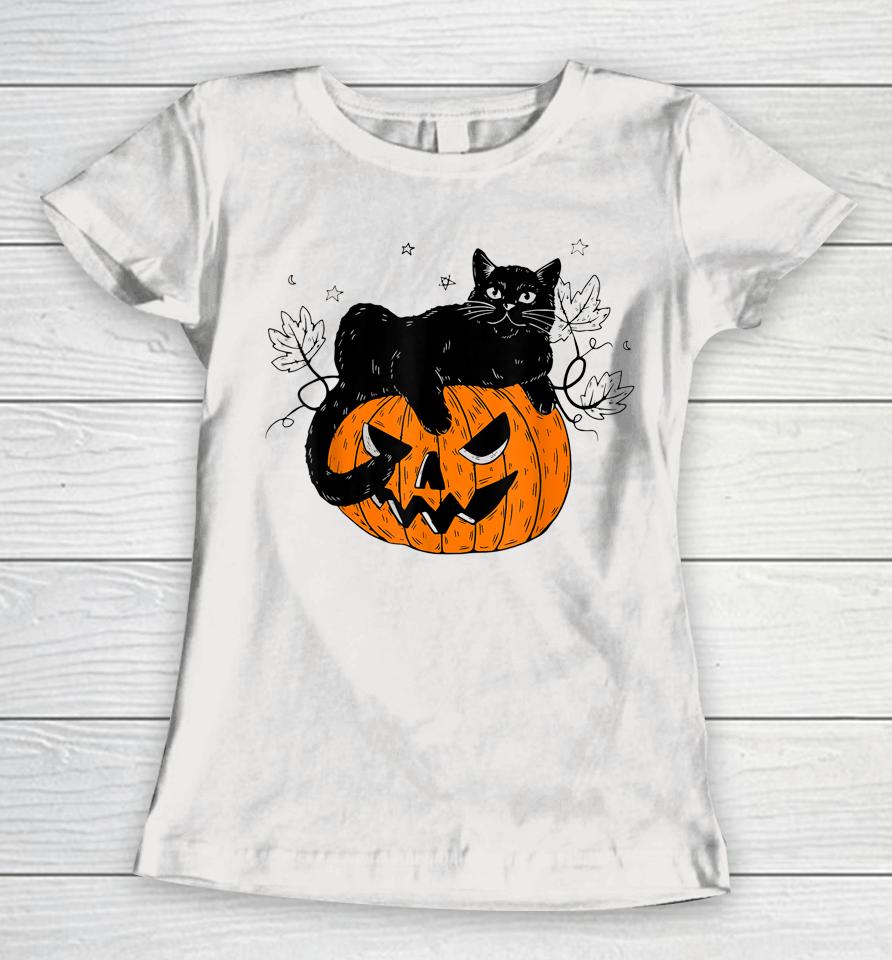 Pumpkin Black Cat Halloween Costume Scary Witch Fall Season Women T-Shirt