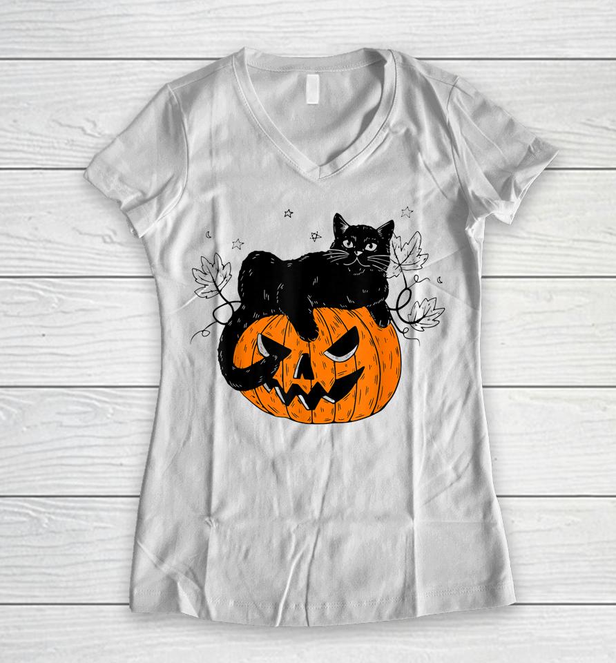Pumpkin Black Cat Halloween Costume Scary Witch Fall Season Women V-Neck T-Shirt