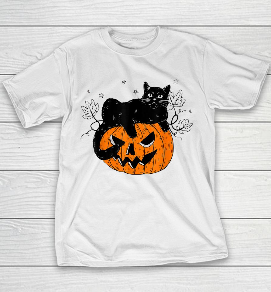 Pumpkin Black Cat Halloween Costume Scary Witch Fall Season Youth T-Shirt