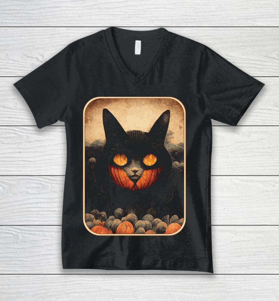 Pumpkin Cat - Black Cat And Pumpkin Unisex V-Neck T-Shirt