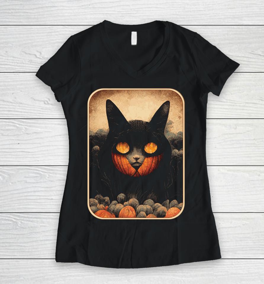 Pumpkin Cat - Black Cat And Pumpkin Women V-Neck T-Shirt