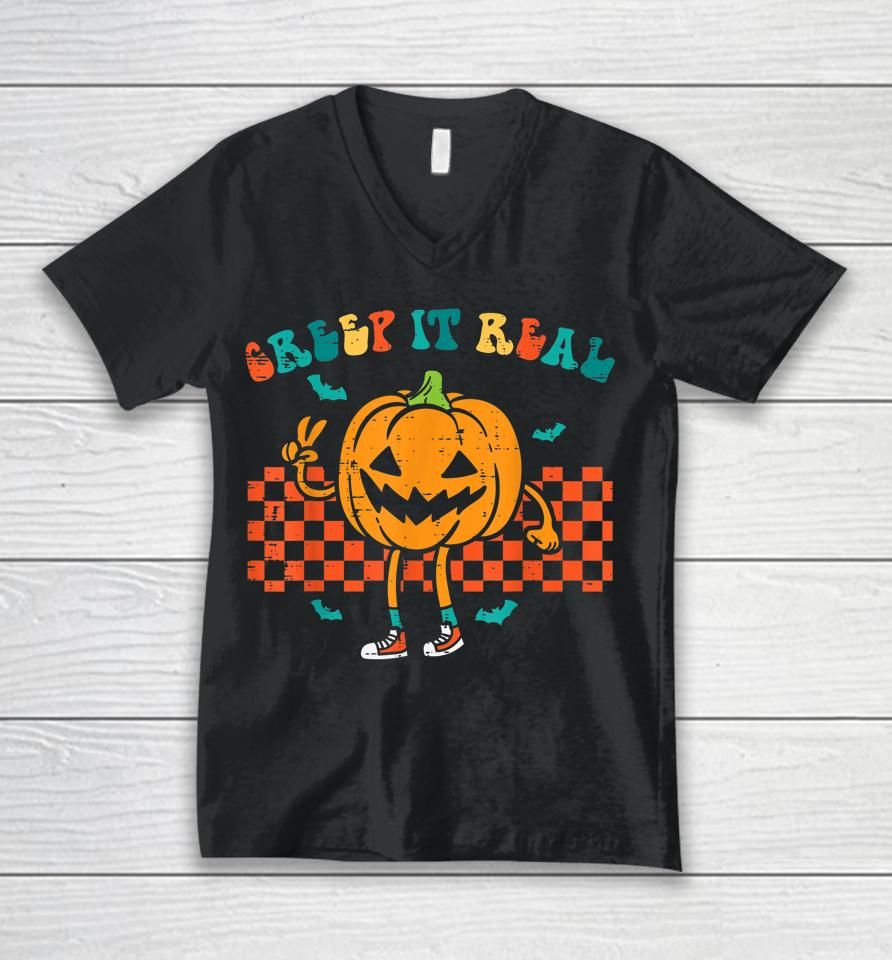 Pumpkin Creep It Real Retro Jackolantern Halloween Costume Unisex V-Neck T-Shirt