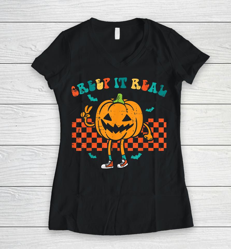 Pumpkin Creep It Real Retro Jackolantern Halloween Costume Women V-Neck T-Shirt