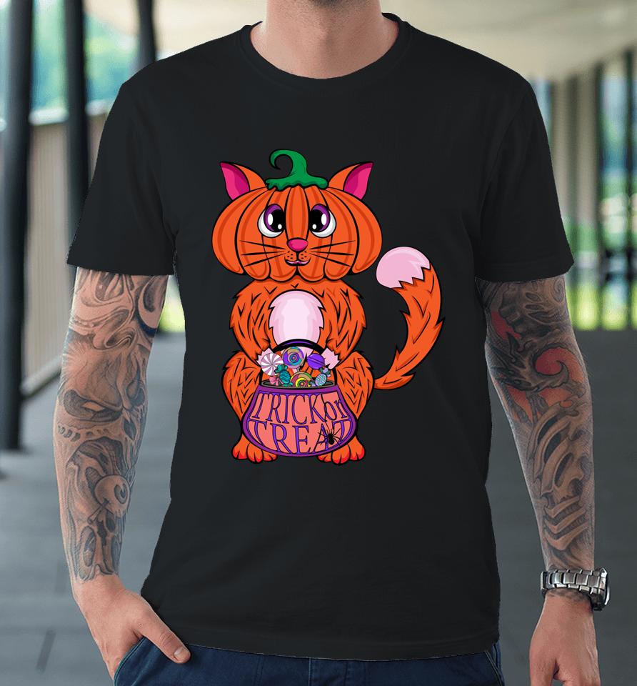 Pumpkin Head Cat - Halloween Cat Pumpkin Cat Premium T-Shirt